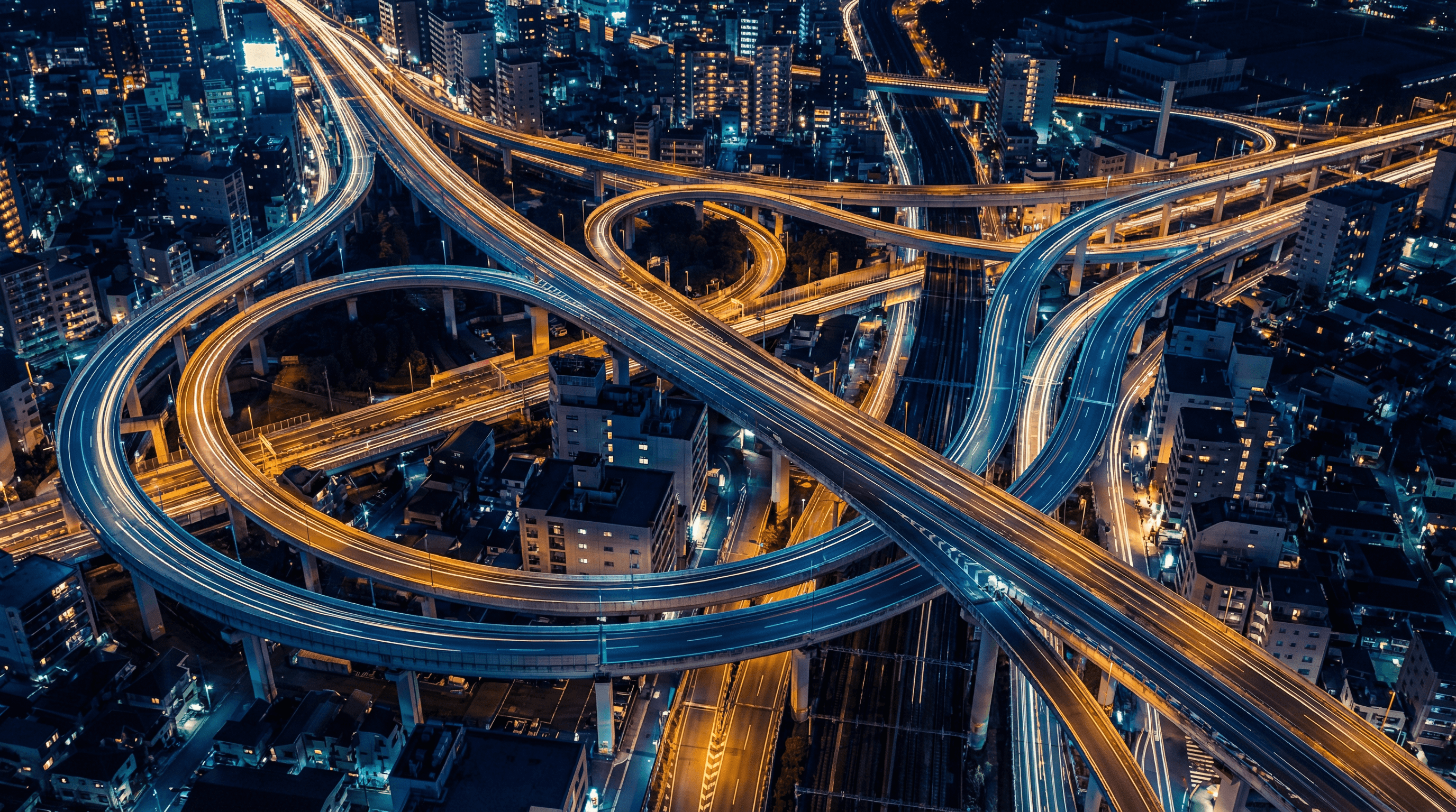 Urban highways as smooth ribbons of light, symbolizing fluid societal infrastructure