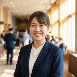 Cheerful Japanese woman in a staff jacket